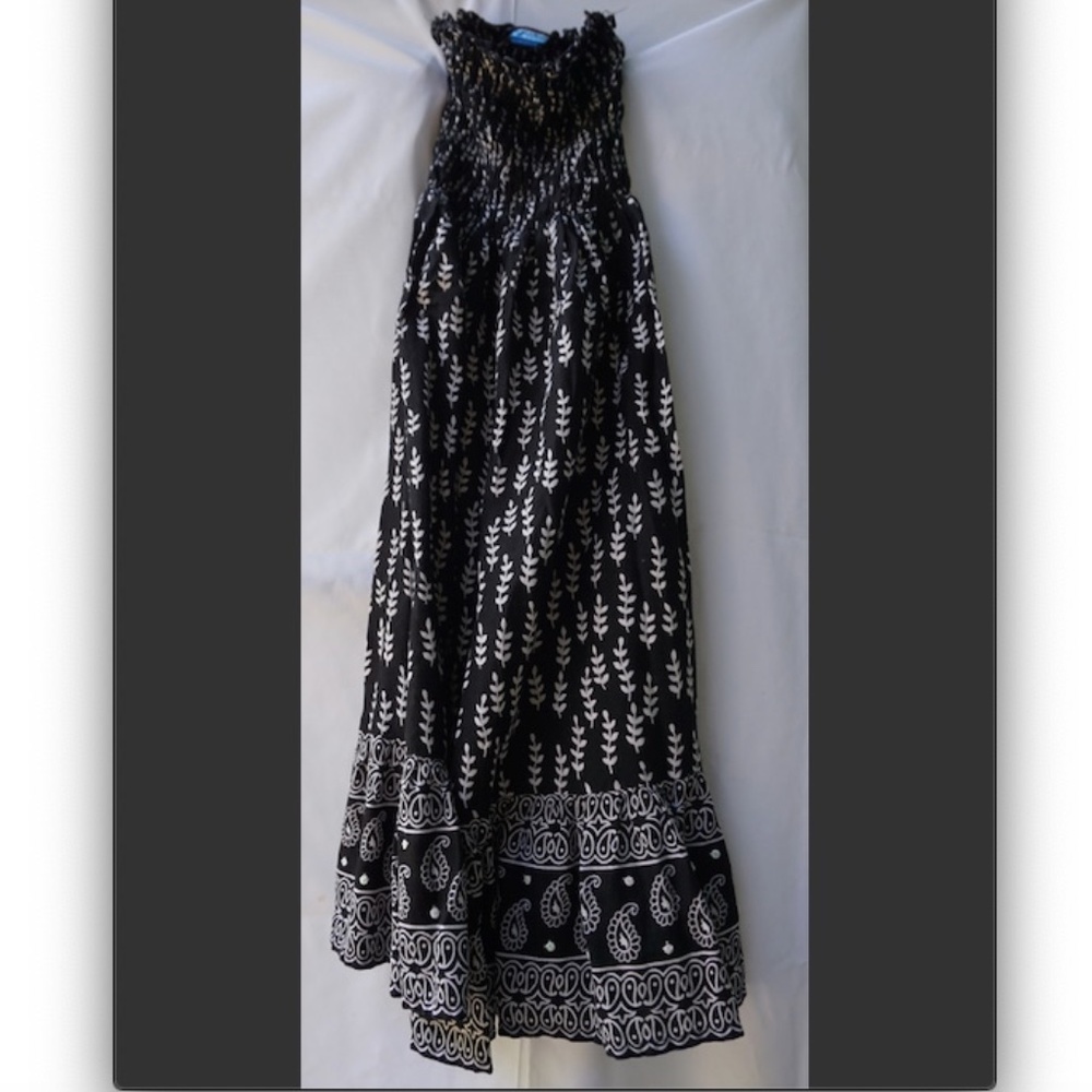 Black Patterned, Strapless Midi Dress